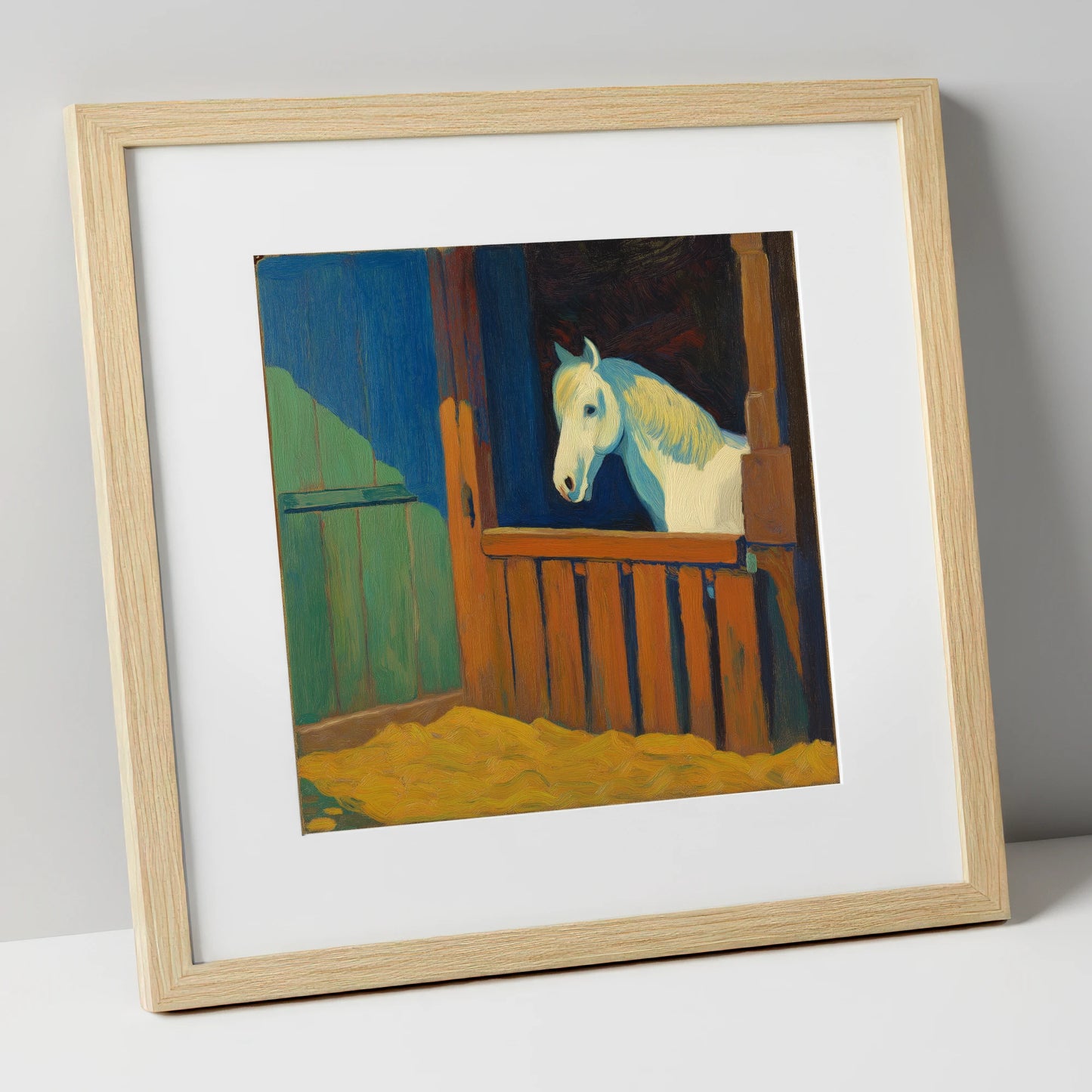 The Blue Shadowed Grey horse stable art print in natural frame