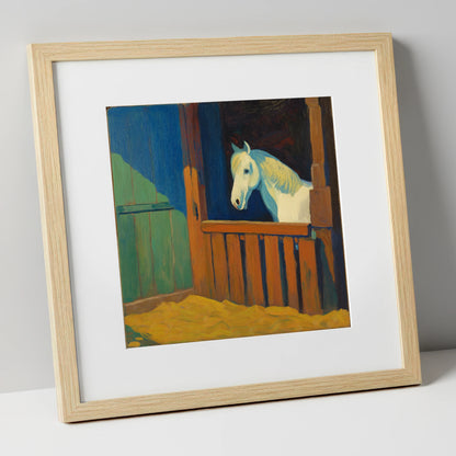 The Blue Shadowed Grey horse stable art print in natural frame