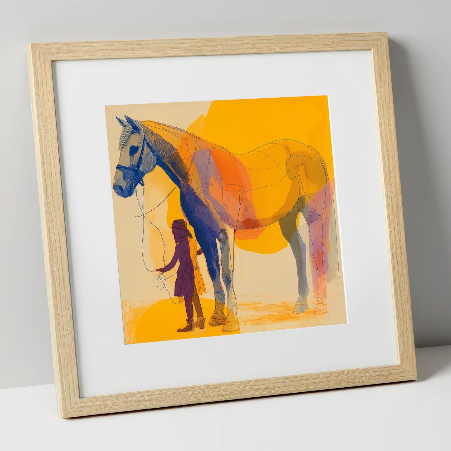 Golden Harmony horse & rider art print in natural frame