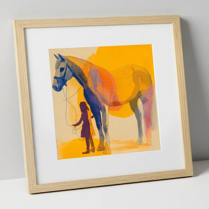 Golden Harmony horse & rider art print in natural frame
