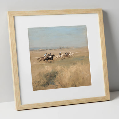 The Morning Gallop racing horse art print in natural frame