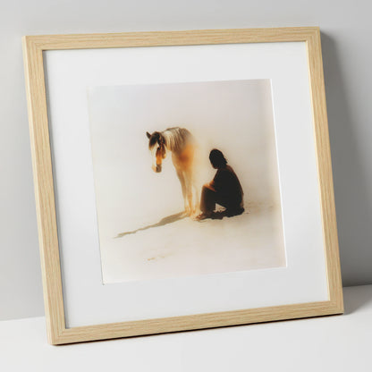 Quiet Presence horse & rider art print in natural frame