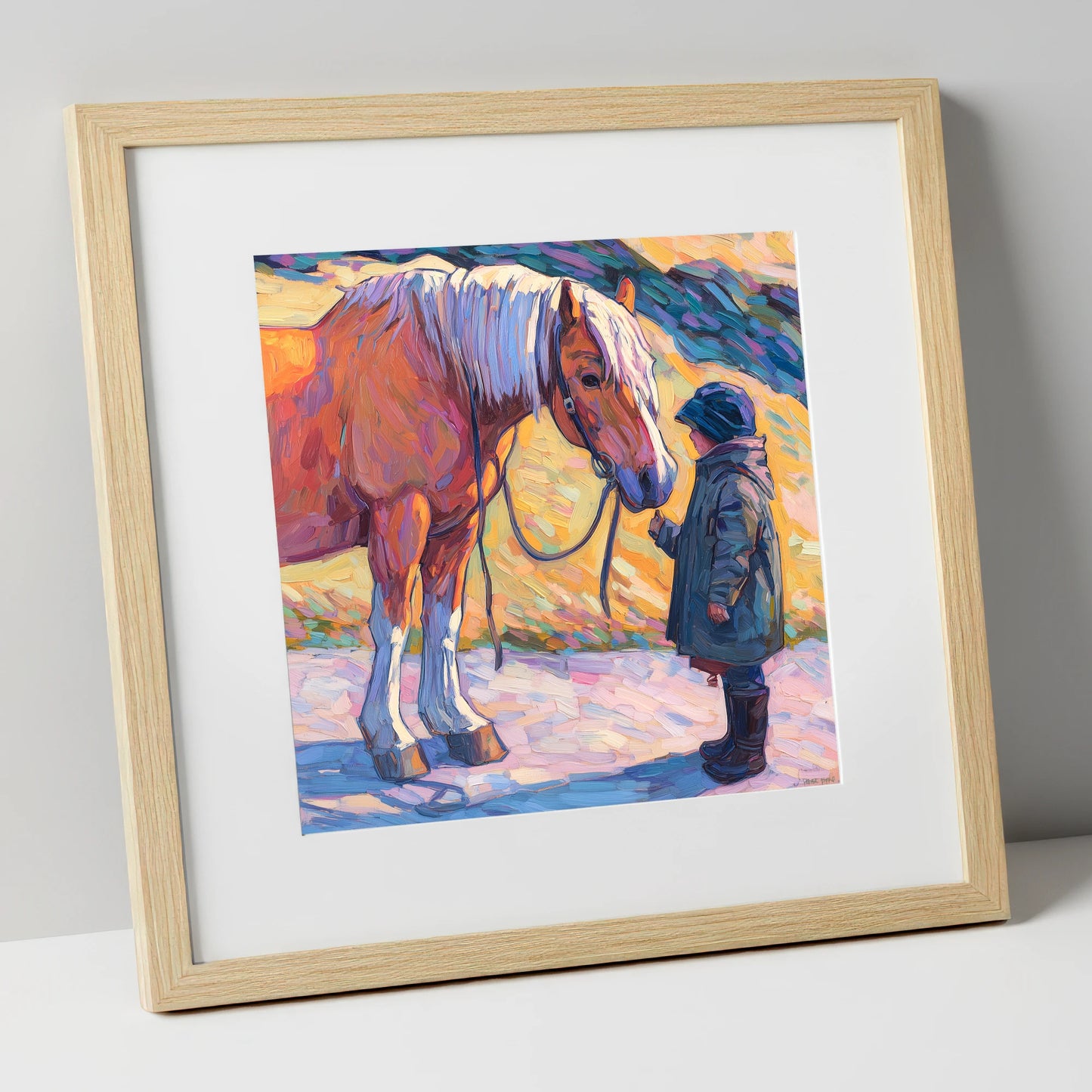 A Gentle Exchange horse & rider art print in natural frame