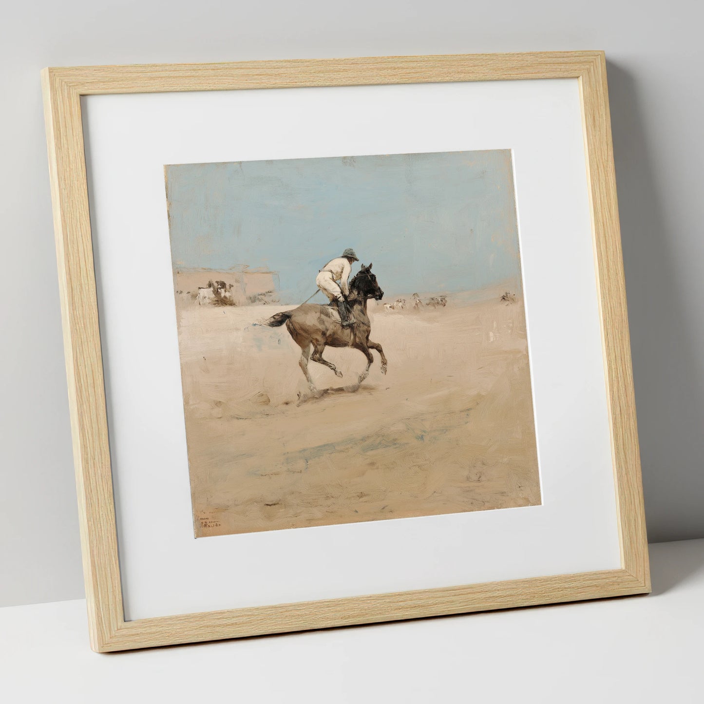 The Morning Gallop racing horse art print in natural frame