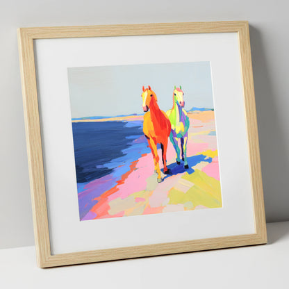 Vibrant Coastal Companions horse landscape art print in natural frame