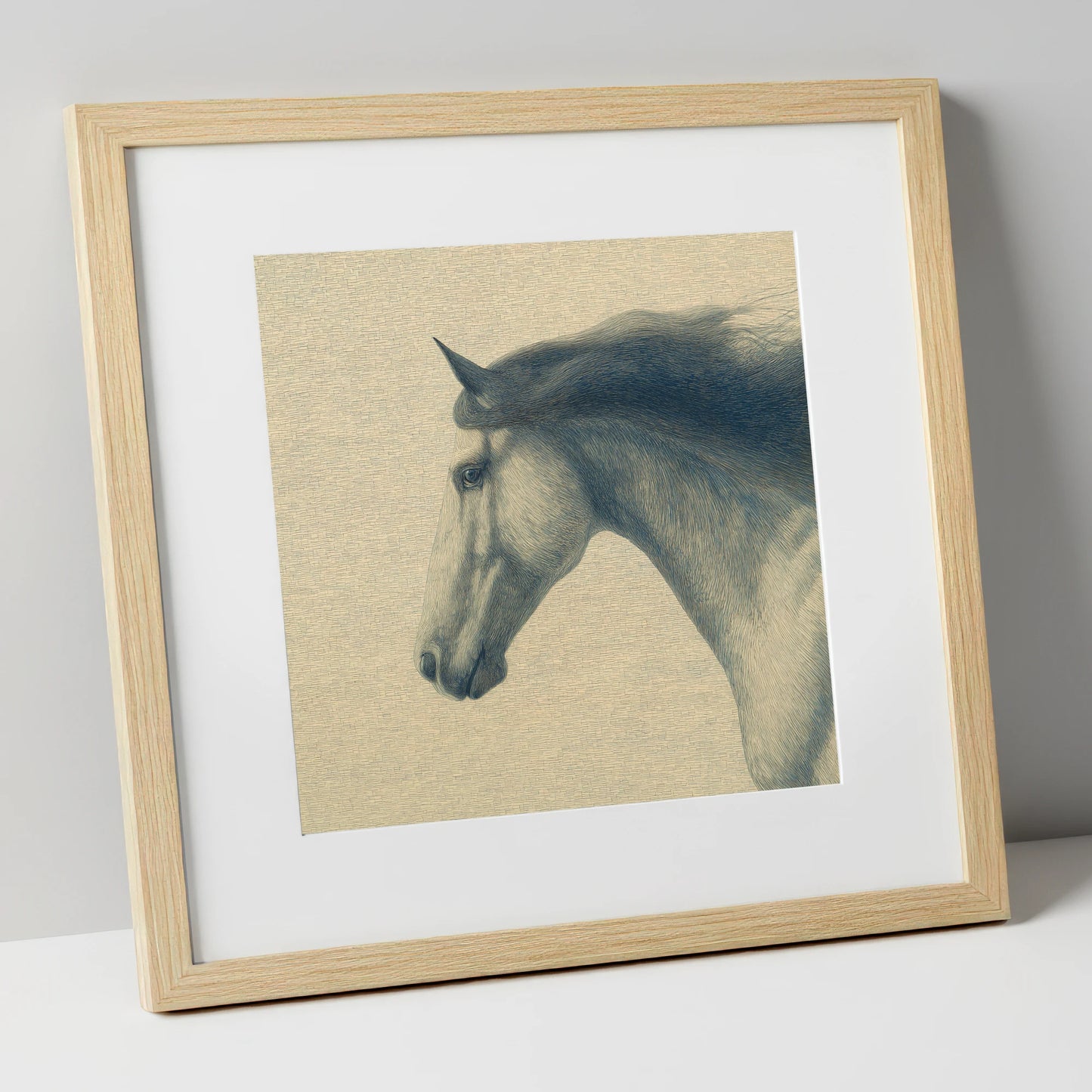 The Slate Blue Stallion horse breed art print in natural frame