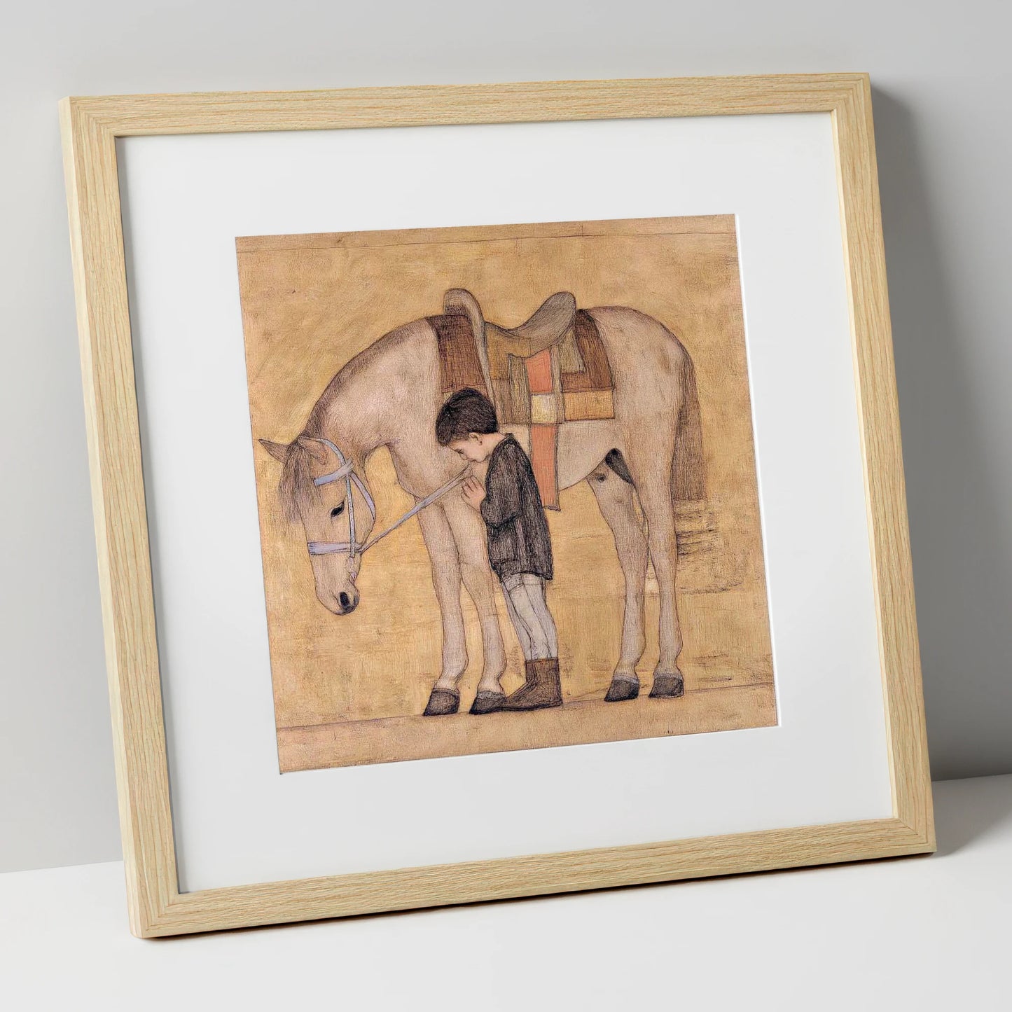 The Quiet Bond horse & rider art print in natural frame