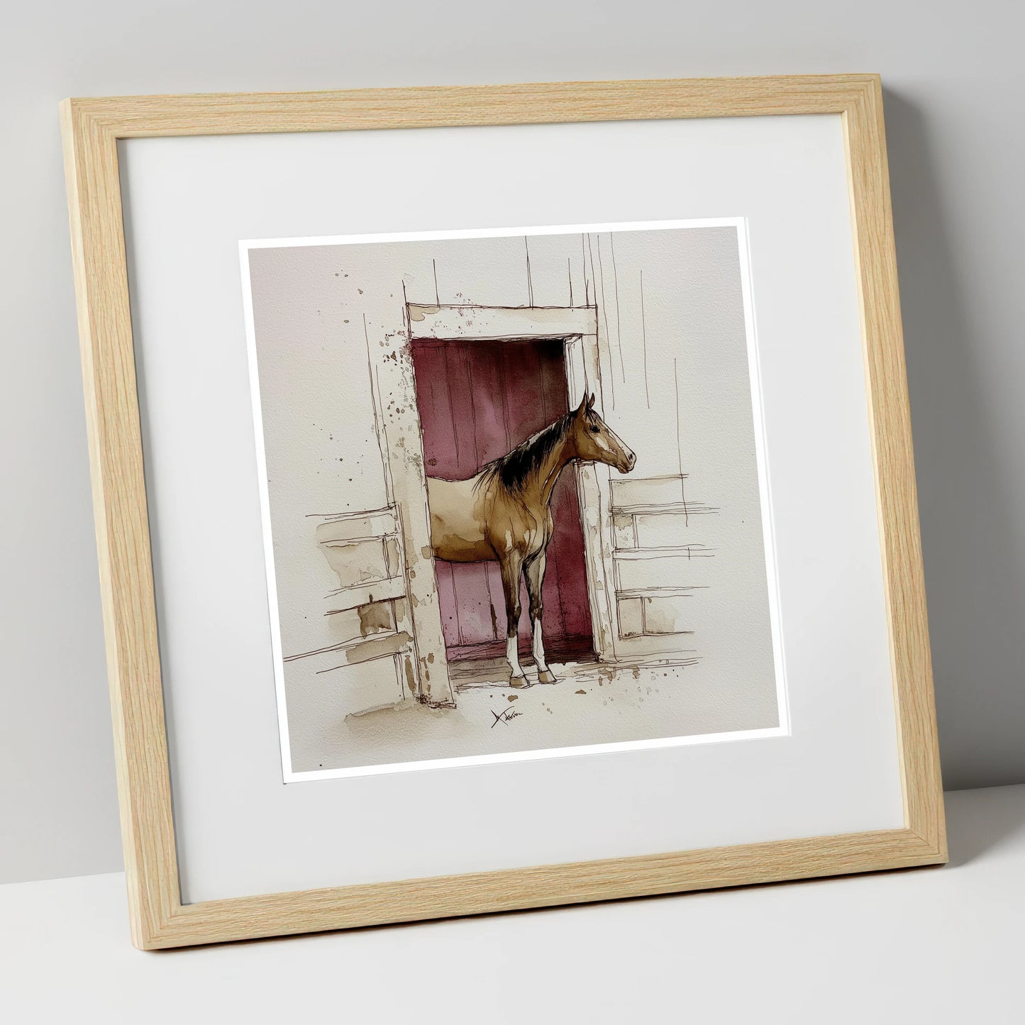 The Plum Doorway horse stable art print in natural frame