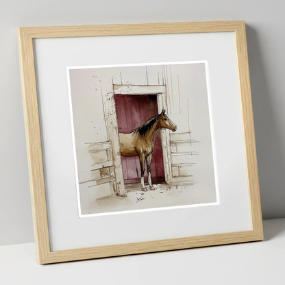 The Plum Doorway horse stable art print in natural frame