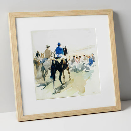 Heading to the Start racing horse art print in natural frame