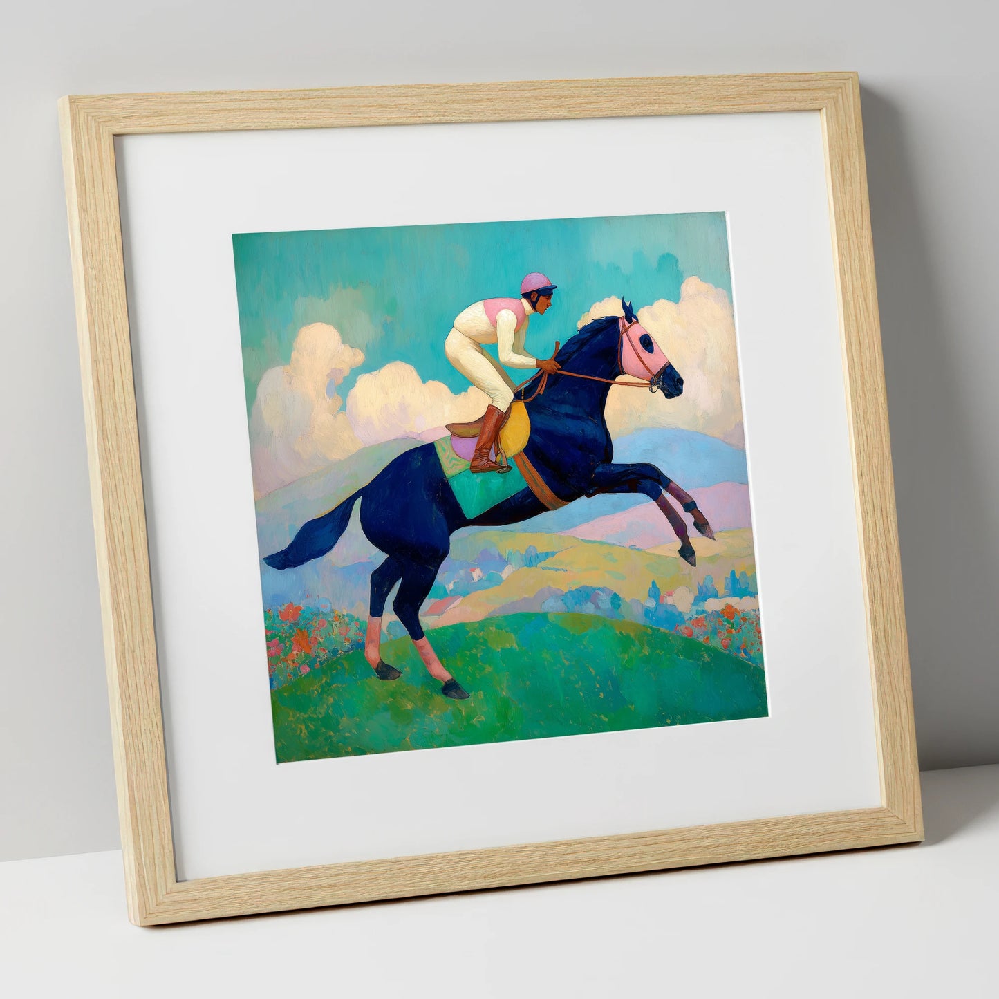 Vivid Racing Bound racing horse art print in natural frame