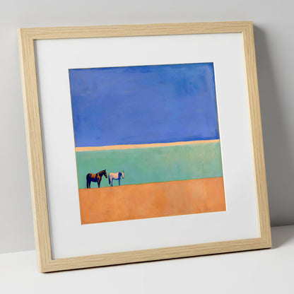 Sunlit Plain horse landscape art print in natural frame