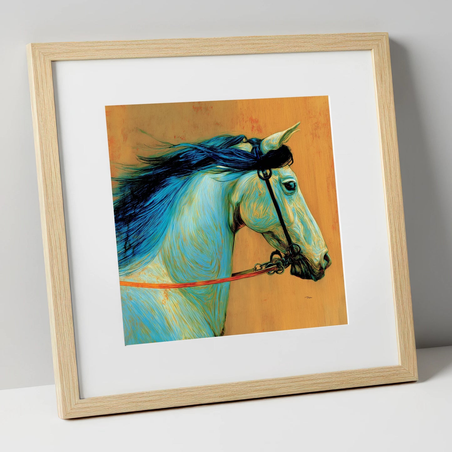 Cerulean Spirit horse portrait art print in natural frame