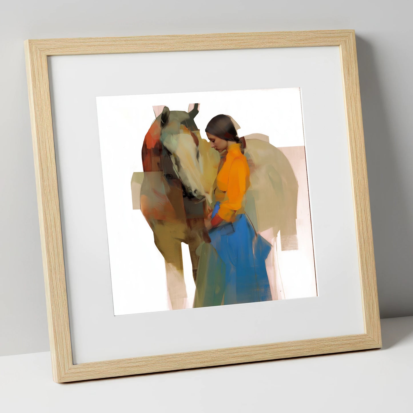Modern Harmony horse & rider art print in natural frame