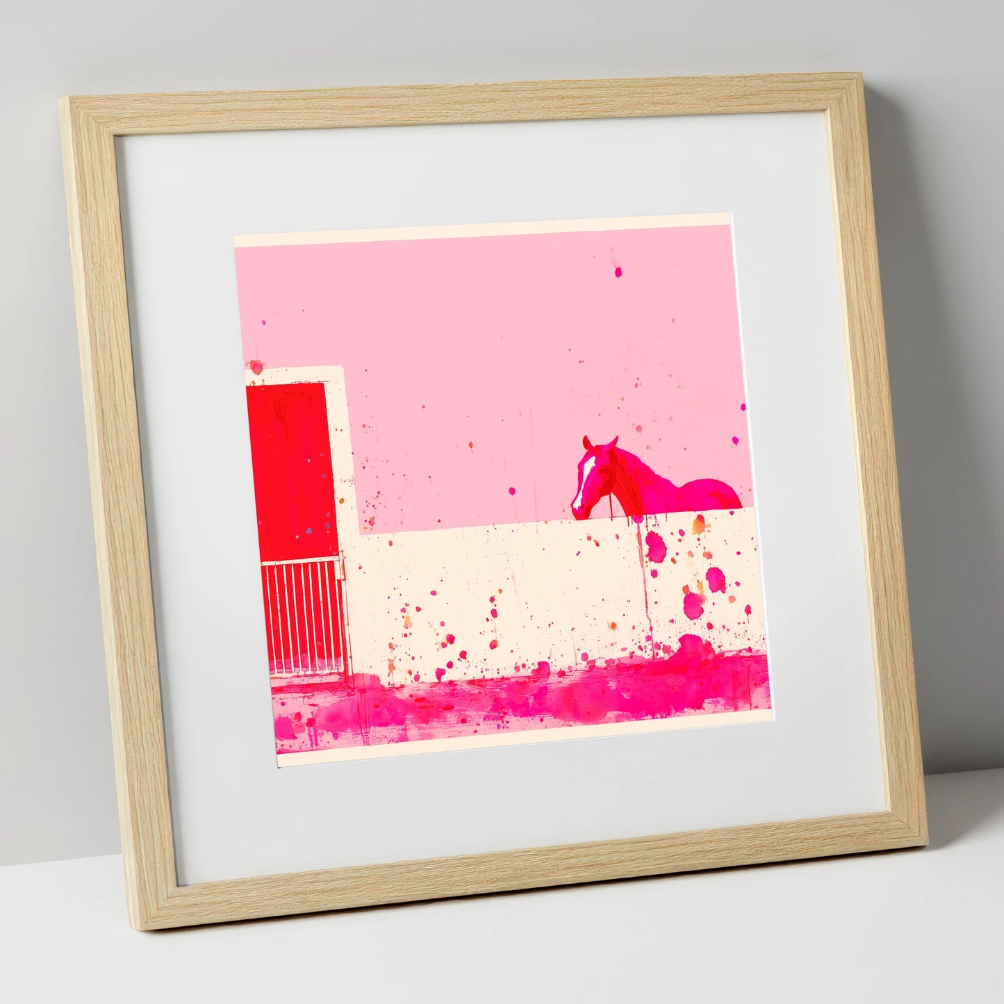 Crimson Doorway horse stable art print in natural frame