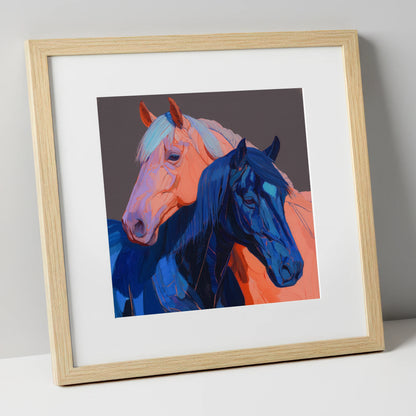 Indigo And Peach Companions horse landscape art print in natural frame