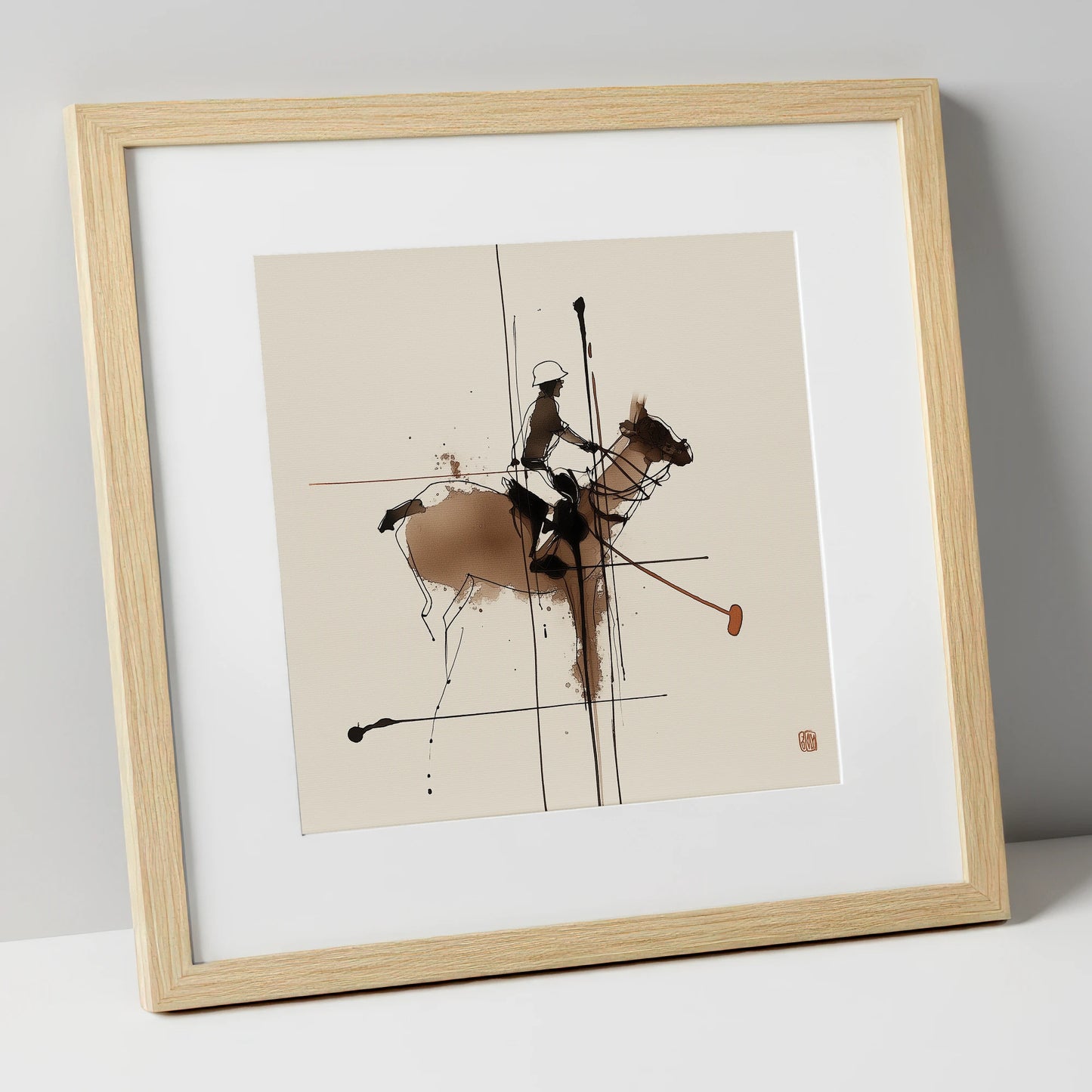 Abstract Polo Strike polo horse art print in natural frame