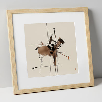 Abstract Polo Strike polo horse art print in natural frame