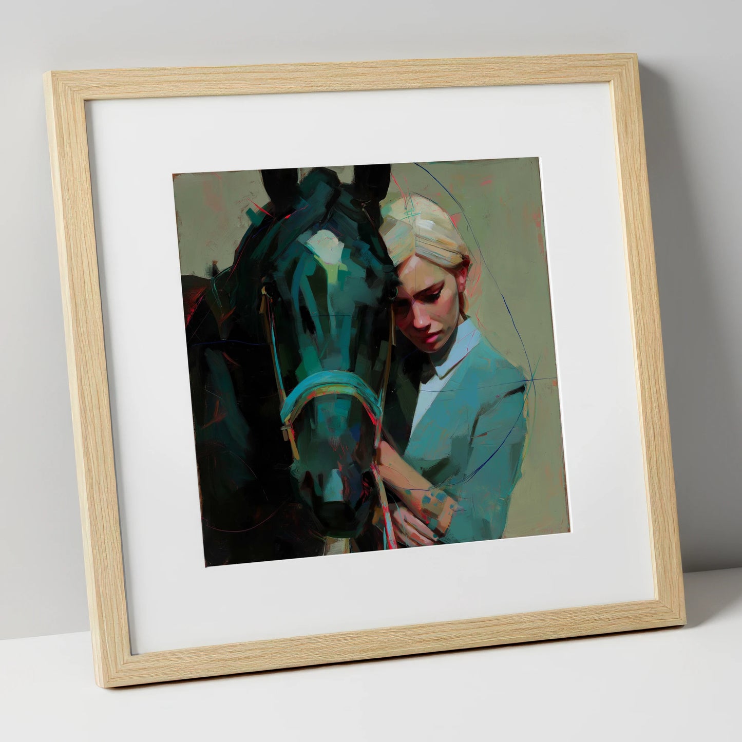 Silent Understanding horse & rider art print in natural frame