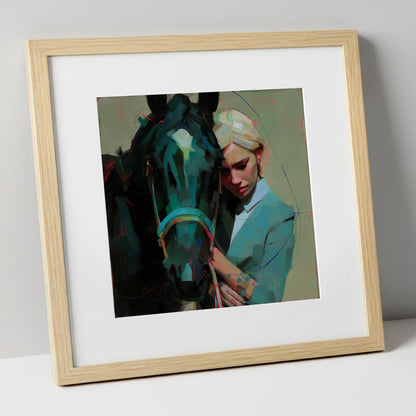 Silent Understanding horse & rider art print in natural frame