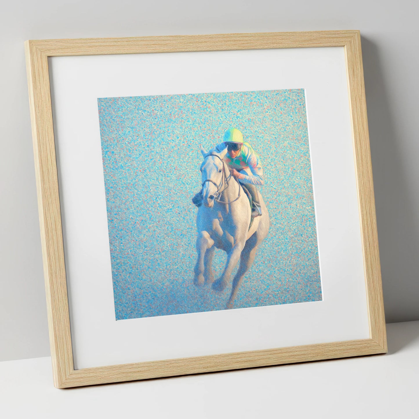 Luminous Gallop racing horse art print in natural frame