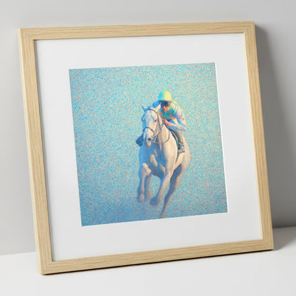 Luminous Gallop racing horse art print in natural frame