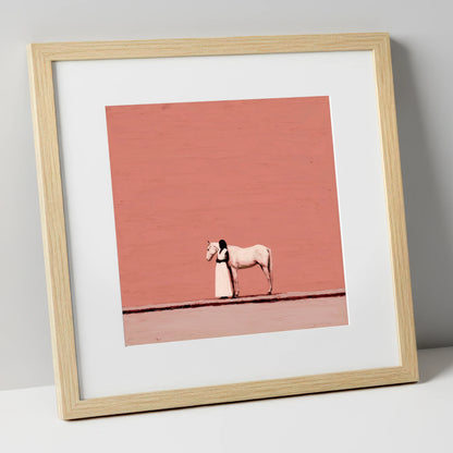 Stillness in Terracotta horse & rider art print in natural frame