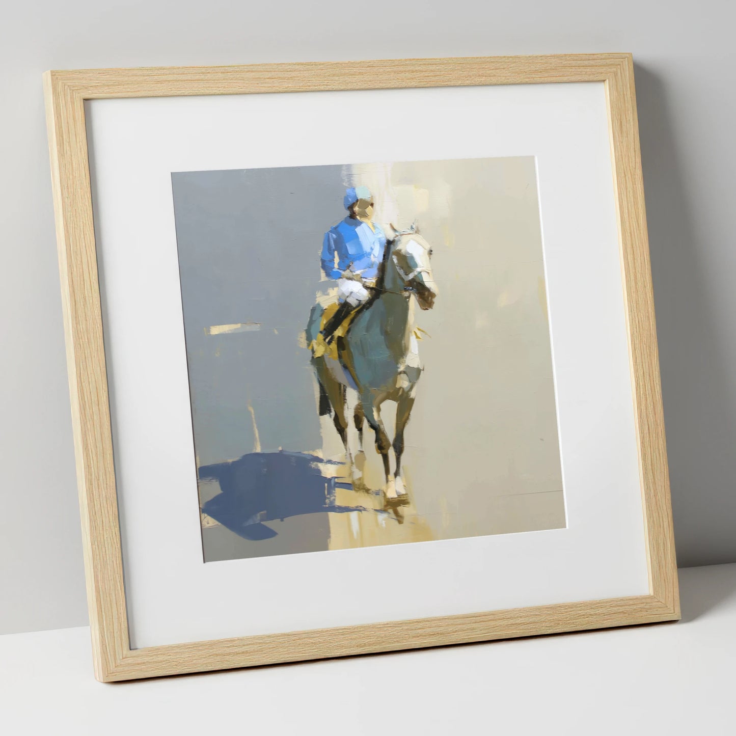 Blue Silks and Shadows racing horse art print in natural frame