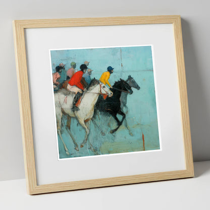 The Inside Rail racing horse art print in natural frame