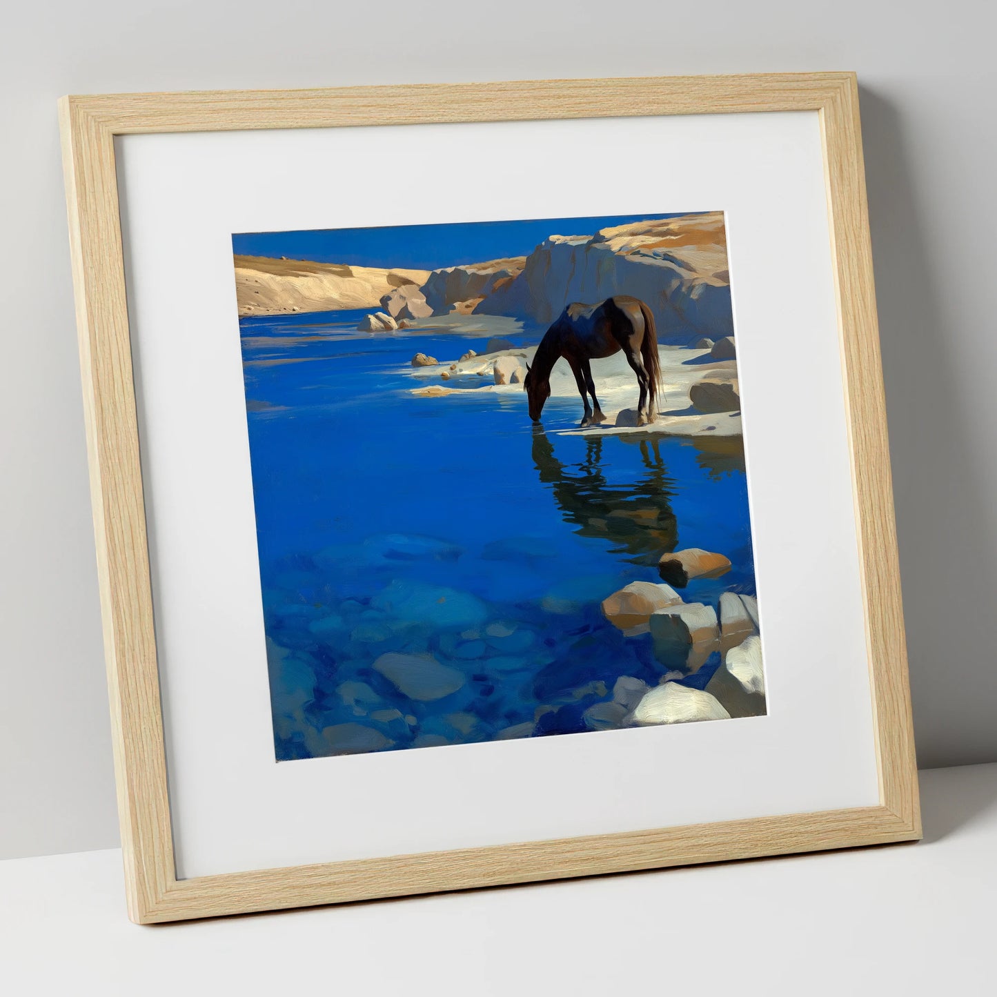 Ultramarine Oasis horse landscape art print in natural frame
