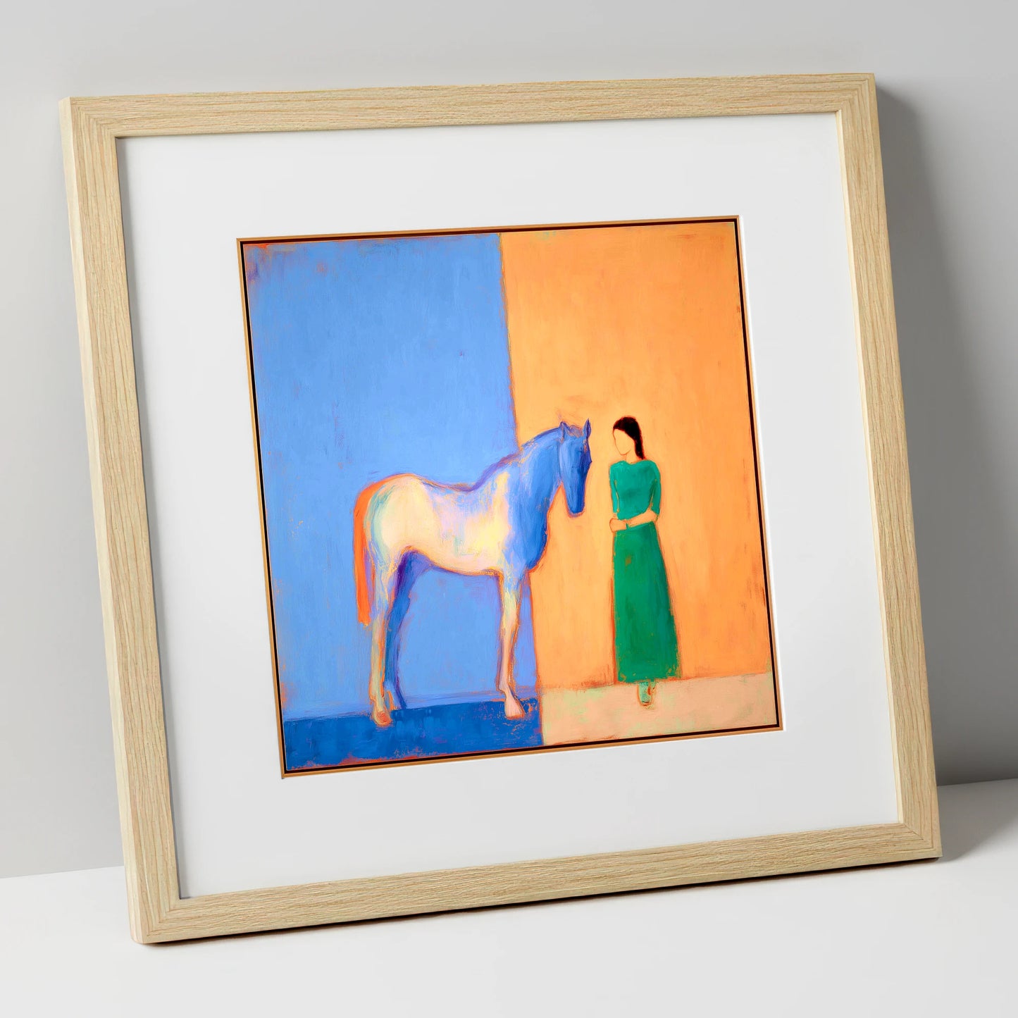 The Silent Dialogue horse & rider art print in natural frame