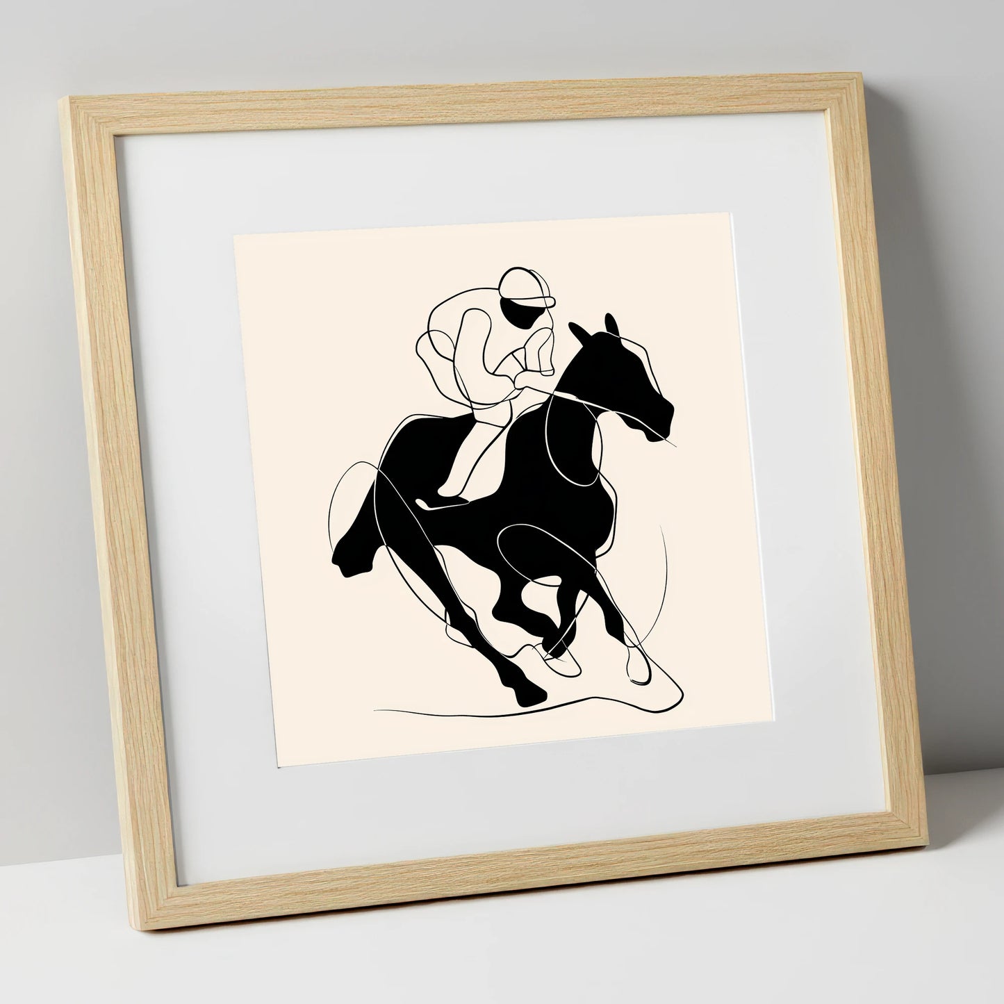 Silhouetted Gallop racing horse art print in natural frame