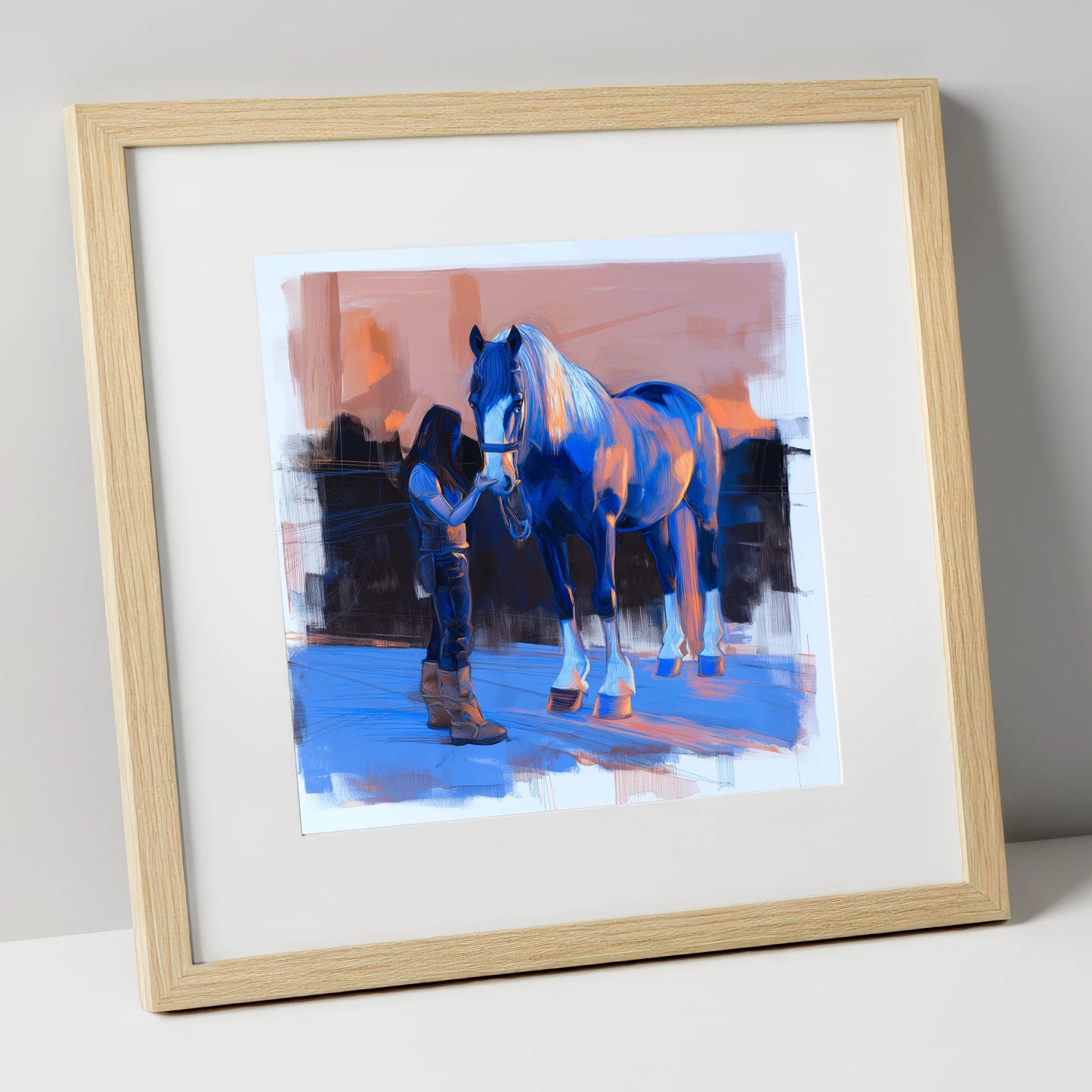 The Gentle Bond horse & rider art print in natural frame
