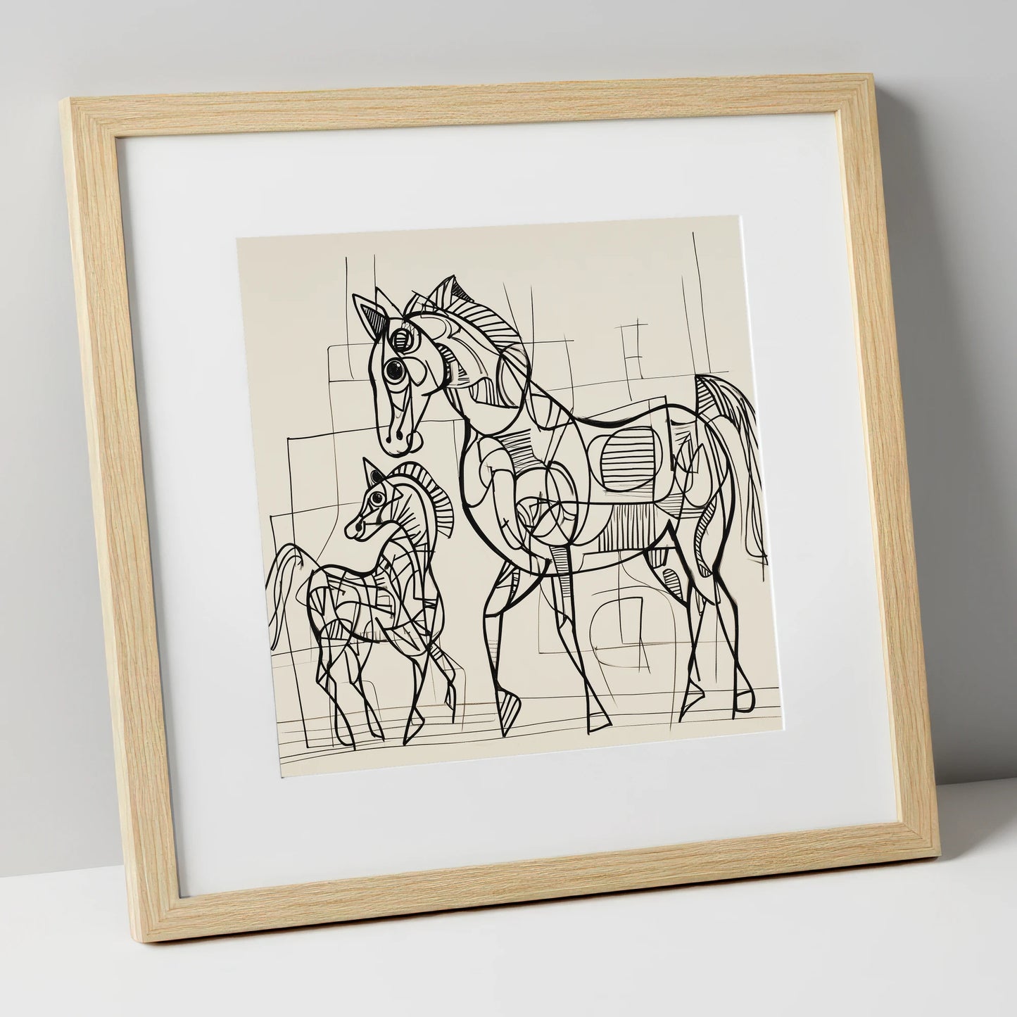 Linear Connection mare & foal art print in natural frame