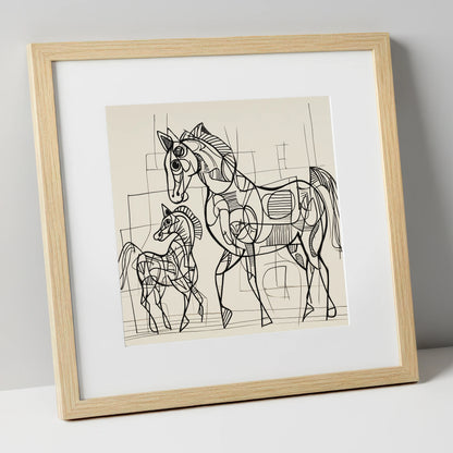 Linear Connection mare & foal art print in natural frame