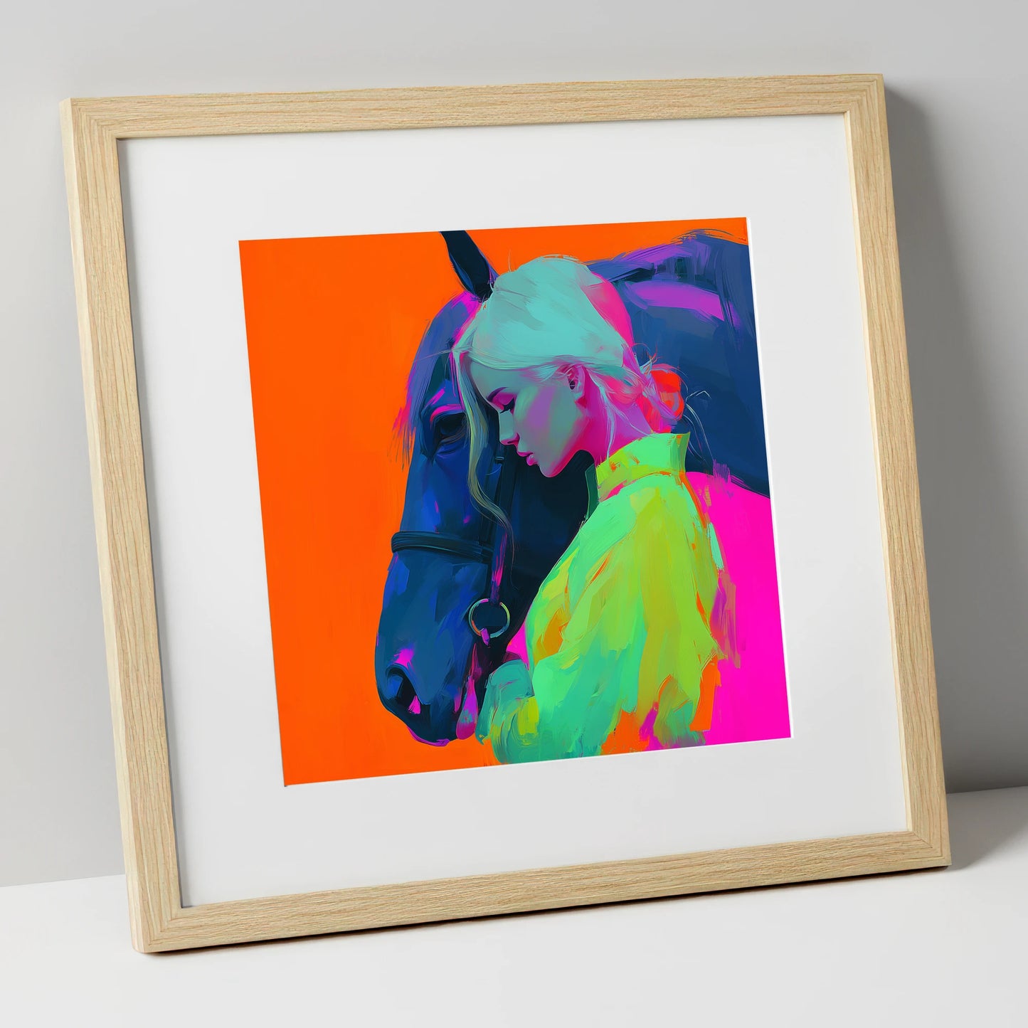 Technicolour Trust horse & rider art print in natural frame