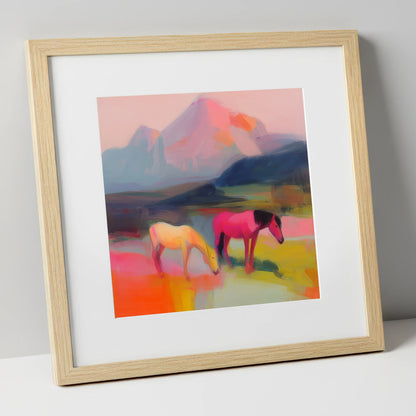 Vivid Mountain Pasture horse landscape art print in natural frame