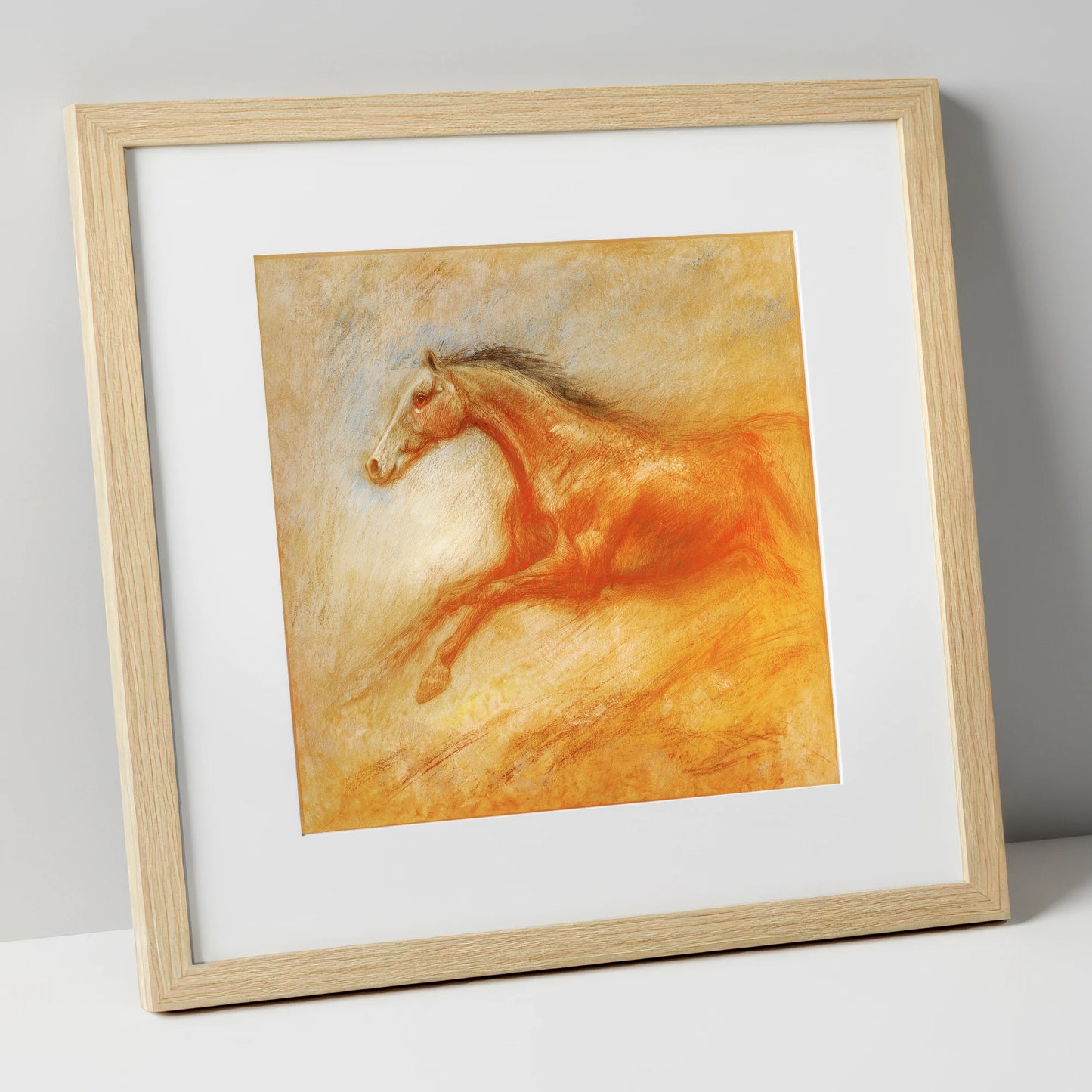 The Golden Gallop racing horse art print in natural frame