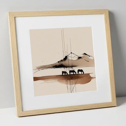 Serene Grazing Horizon horse landscape art print in natural frame