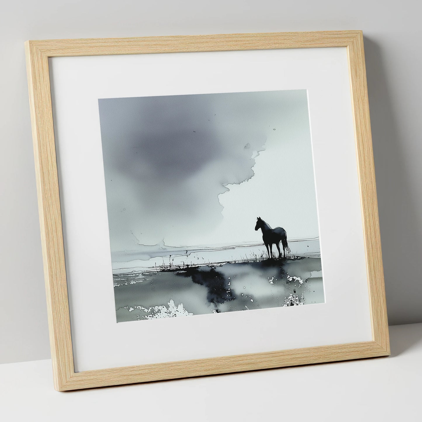Quiet Grey Horizon horse landscape art print in natural frame
