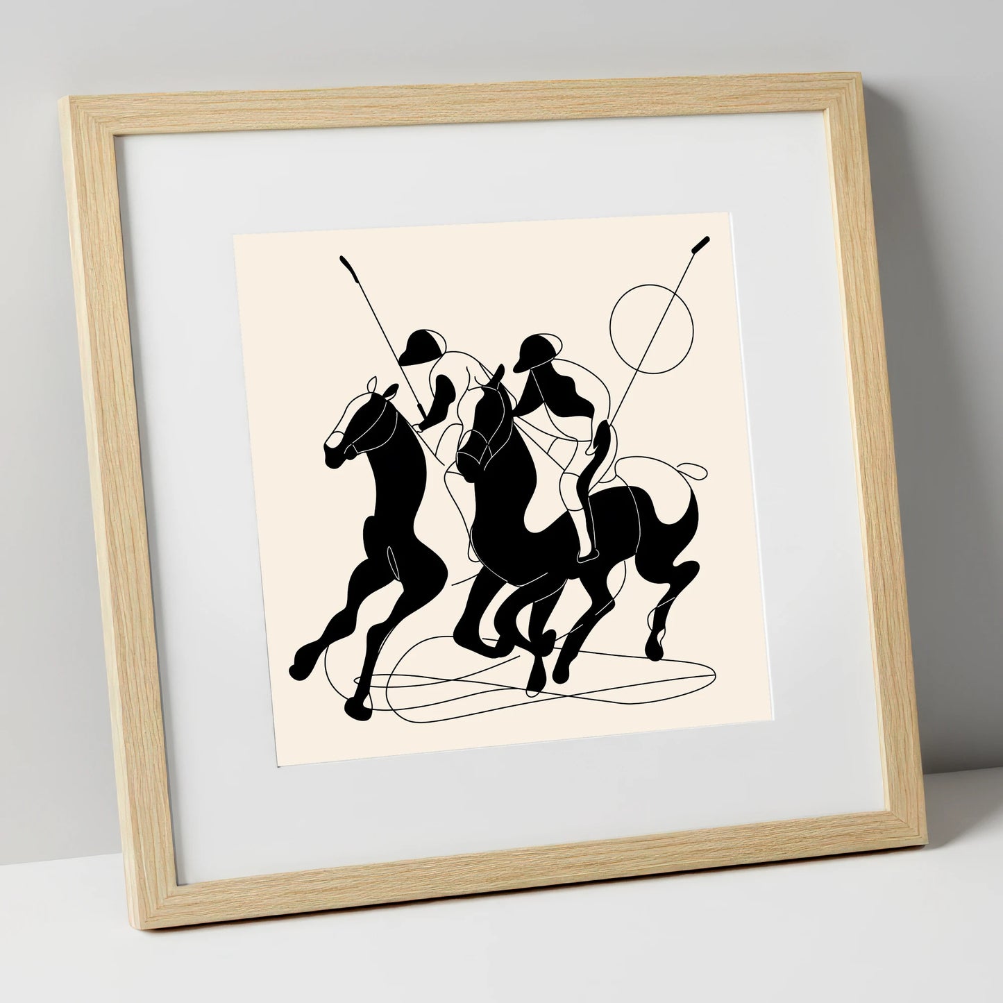 High Goal Dynamics polo horse art print in natural frame