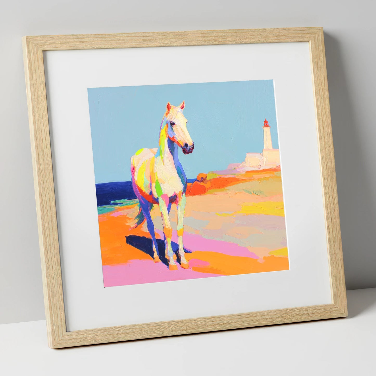 Vibrant Coastal Equine horse landscape art print in natural frame