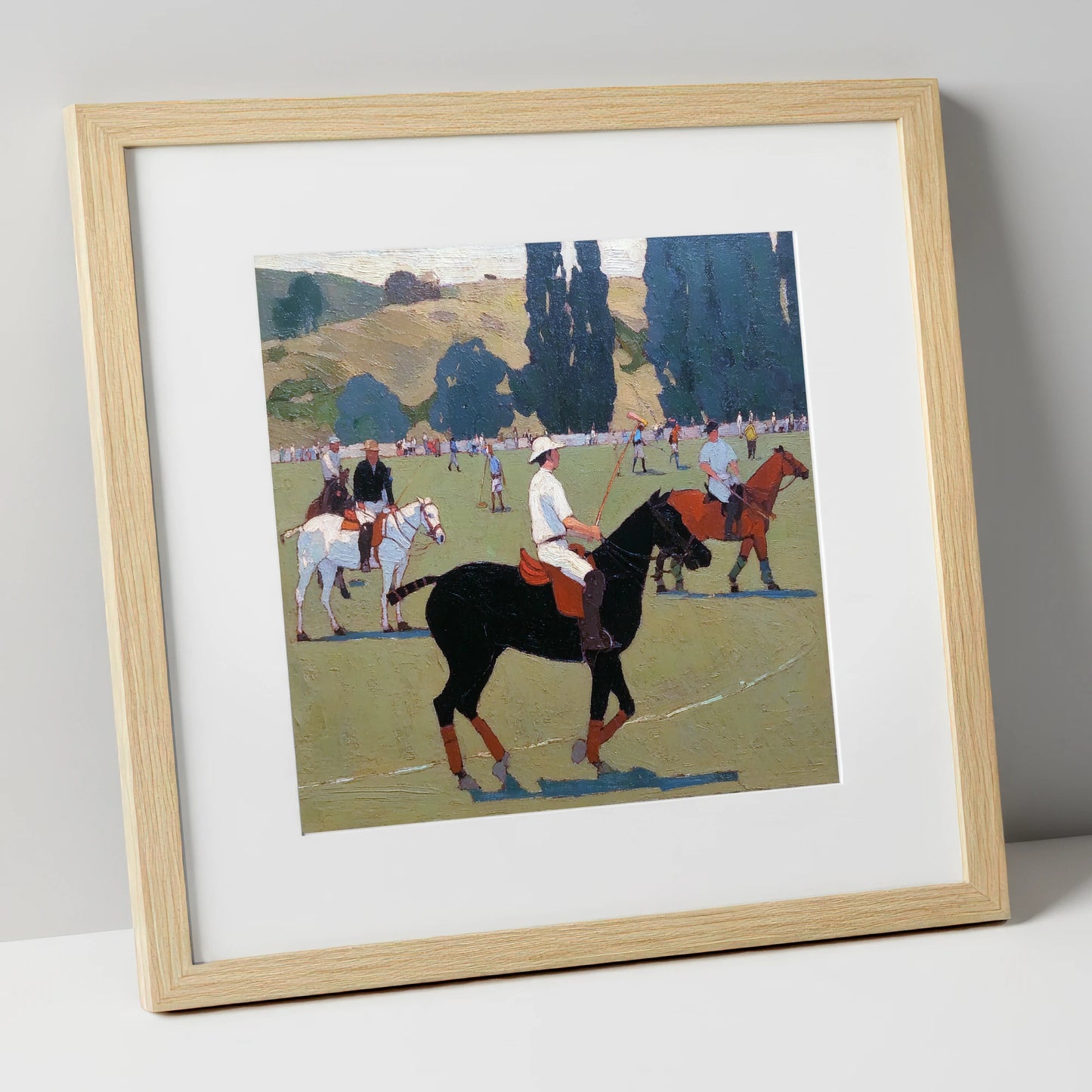 Midsummer Polo Pause polo horse art print in natural frame
