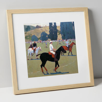 Midsummer Polo Pause polo horse art print in natural frame