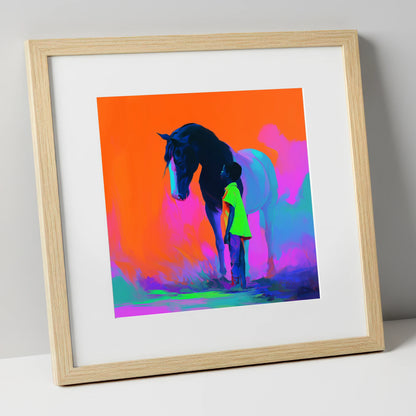 Electric Bond horse & rider art print in natural frame