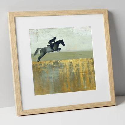 Golden Momentum show jumping horse art print in natural frame