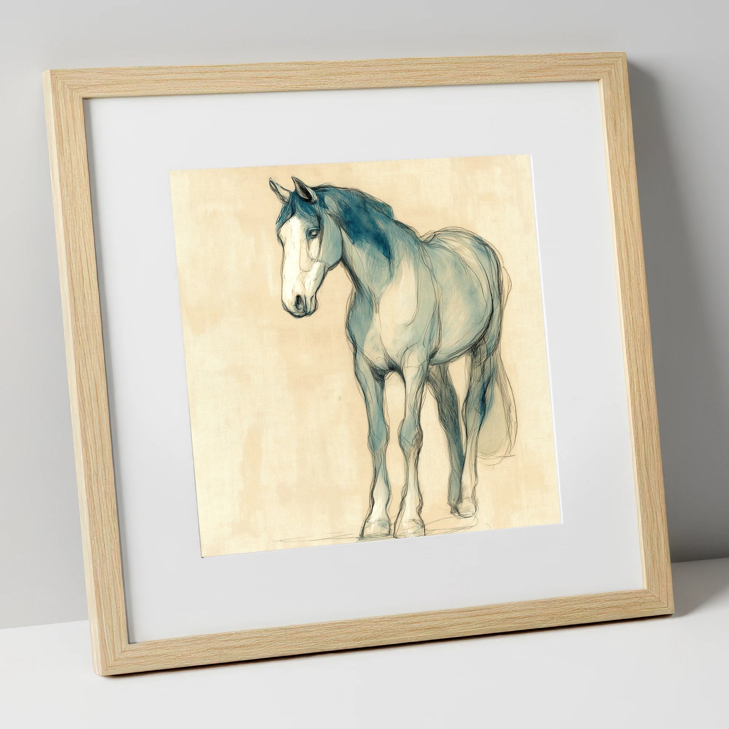 Azure Equine Sketch horse portrait art print in natural frame