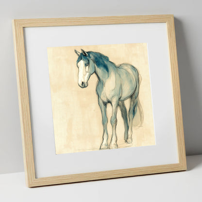 Azure Equine Sketch horse portrait art print in natural frame