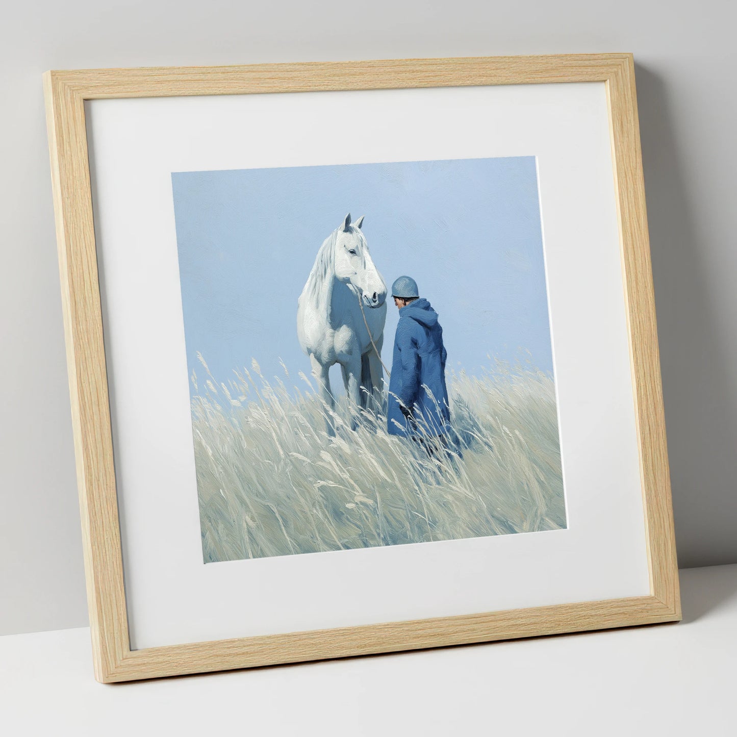 The Quiet Bond horse & rider art print in natural frame