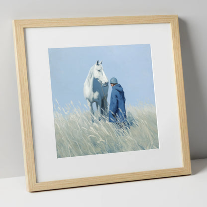 The Quiet Bond horse & rider art print in natural frame